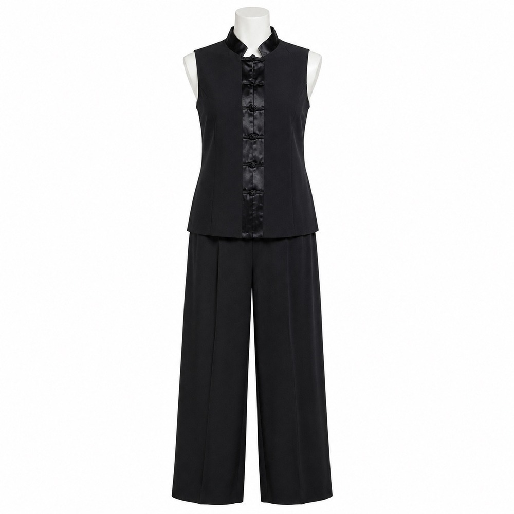 Dressbarn Pant Suit Women 10 Black Chinoiserie Frog Closure Satin Trim 2pc Set